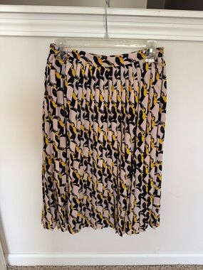 Avec Les Filles - Anthropology Pink Pleated Midi Skirt w/ Yellow & Black Print